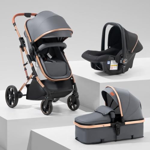 3 in 1 Stroller with Detachable Car Seat & Maternity Bed for Newborns Foldable Reversible Seat Large Wheels with Shock Absorption System Suitable from Birth to 4 Years (Gray)
