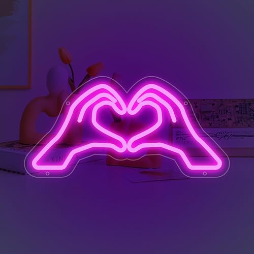 Image of Heart Hands Neon Sign for Wall Decor, Pink Love Hand Neon Light with Dimmer and USB, Gift for Girls Led Light Up Sign for Bar, Hotel, Cafe, VIP Room, Home Decoration