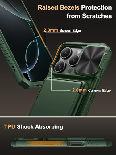 Image of Vihibii for iPhone 16 Pro Case with Card Holder (4 Cards) [RFID Blocking] & Slide Camera Cover, Military Grade Drop Protection, Rugged Hard Back & Silicone Edge Wallet Phone Cover, 6.3 inch 2024, Green