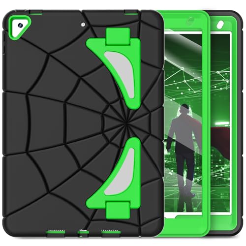 Case for 10.2 Inch iPad 9th / 8th / 7th Generation (2021/2020/2019) - Heavy Duty Shockproof Protective Cover With Stand for Kids, Spiderman Theme, Black+Green
