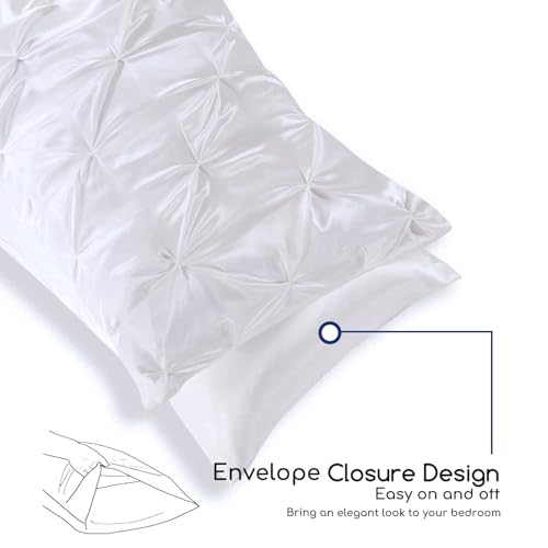 MR&HM Satin Comforter Full 7 Pieces - Luxurious Pinch Pleat Bedding Set with Comforter, Flat Sheet, Fitted Sheet, Pillowcases & Shams, Super Silky Soft Bed Set for All Season (Full, White)
