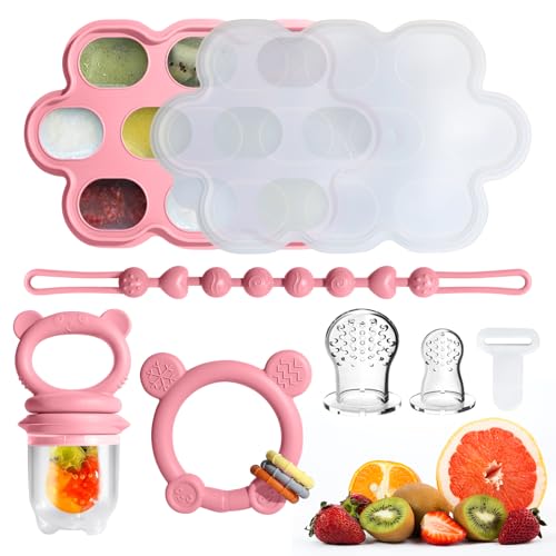 Image of Baby Fruit Food Feeder & Breastmilk Popsicle Molds for Teething Relief, Baby Feeding Sets, 1 Freezer Tray with Lid & 1 Teether Toy & 1 Silicone Teething Pacifier Feeder, Extra Food Pouches (Pink)