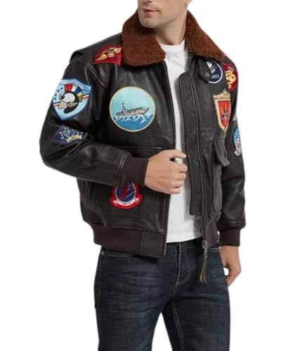 Mens Top Aviator USAAF Pilot Flying Tom Multiple Patches G1 Bomber Jacket Fur Collar Brown Bomber Leather Jacket2