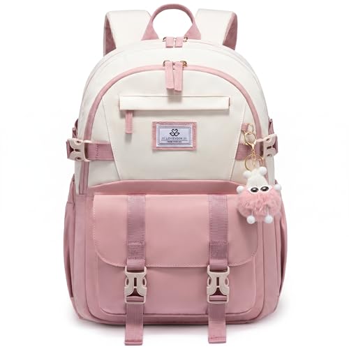 LOVEVOOK Mochila escolar para meninas adolescentes, mochila para estudantes de 8 a 16 anos, mochila infantil fofa de volta às aulas do ensino médio, Rosa-bege, 15.6 Inch, Mochilas Daypack