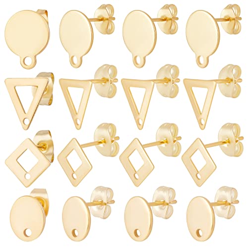 Beebeecraft 1 Box 80Pcs 4 Style 24K Gold Plated Stud Earring Findings Stainless Steel Triangle Oval Rhombus Flat Round Stud Earring Posts with Loop and Ear Nuts for Women Jewelry Making