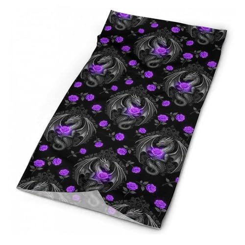 FOSKERV Adult Fashion Neck Gaiter Headwear, Unisex Smooth Non Slip Head Cover Scarf, Windproof Seamless Bandana for Outdoors, Cool Dragon Purple Floral Rose Black
