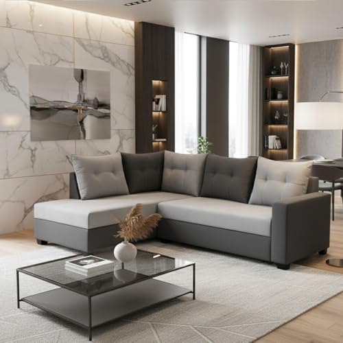 Image of SOCOZI Oriana 4 Seater LHS L Shape Sofa Set | Soft Velvet Suede Fabric | Modern Design | Plush Comfort Cushions for Living Room (Light Grey-Dark Grey)