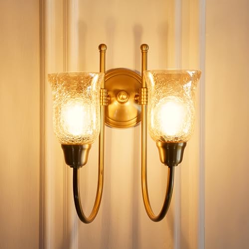 Image of Divine Trends Double Hockey Wall Lamp Antique Brass Finish with Chimney Crackled Glass Shade for Living Room, Bedroom, Home Decoration Wall Light - Pack of 1