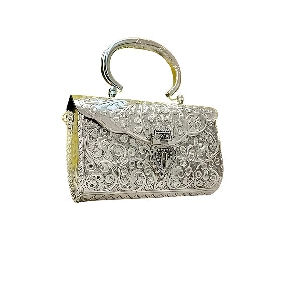 mls handicrafts German Silver bags for Women's/Girls Brass Metal Vintage Handmade Hand Clutch Purse/Sling Purse for Women - Size 7 * 5 * 2 inch-picture-21