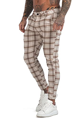 Gingtto Khaki Pants Mens Stretch Waist Slim Fit Plaid Dress Pant Skinny Leg(Khaki Plaid,36) #TOP2