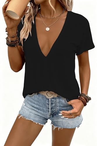 Womens Sexy Deep V Neck T Shirts Summer Oversized Short Sleeve Tee Tops2