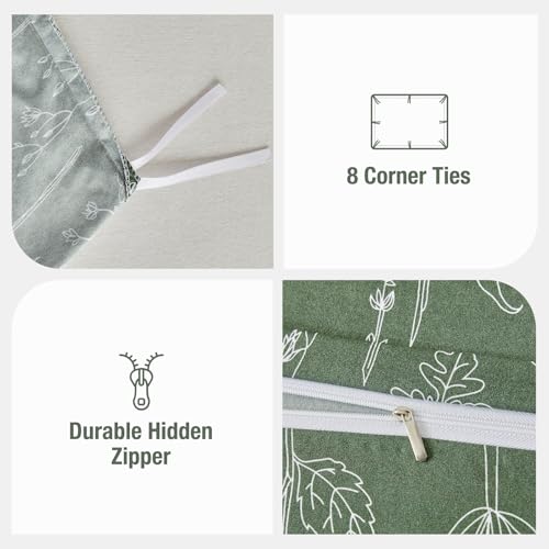 Image of Lekesky Floral Duvet Cover Queen Size, Army Green Queen Duvet Cover with Plant Flowers Pattern,Soft Microfiber Breathable Bedding Set with Zipper & Corner Ties for All Season