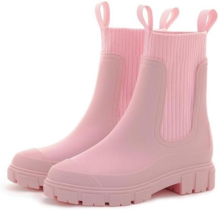 Faithgee Women's Fashionable Solid Color Rain Boots, Waterproof Wellington Boots, Casual Non-slip Sock Boot for Daily Wear, Female All-match Trendy Shoes for Outdoor, Trending Shoes