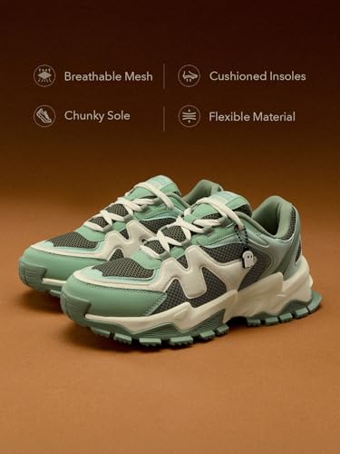 Image of The Souled Store Fumes NX: Sage Men and Boys Low Top Sneakers Green and Off White Streetwear Chunky Trainer Breathable Mesh Cushioned Midsole Durable Sole Lace Up Lightweight Padded Collar