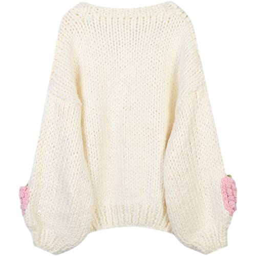Image of V Neck Sweaters for Women Cute Strawberry Button Loose Cardigan Sweater Open Front Cable Cropped Knit Top