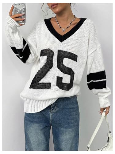 SOLY HUX Women's Oversized Sweater Letter Graphic V Neck Long Sleeve Drop Shoulder Knit Pullover Tops3
