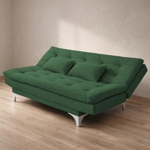 Image of Krancy Solid Wood 3 Seater Sofa Cum Bed with Ottomon | Convertible Wooden Couch for Living Room, Home & Office | Modern Designer Furniture | 1 Year Warranty | Green Color