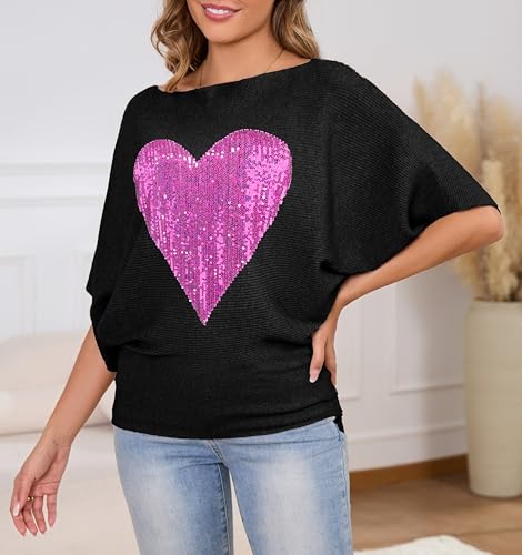 Image of PESION Womens Sequin Dolman Sweaters Short Sleeves Batwing Knitted Pullovers Tops Sweatershirts Blouses, Black+ Pink Heart