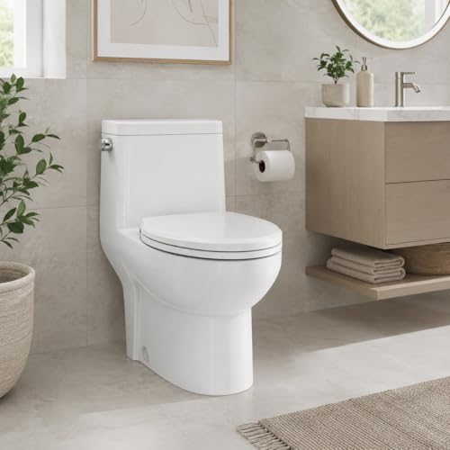Toilet One-Piece Round, Side Flush Handle, White Ceramic, Bottom-Lock PP Soft Close Seat, Efficient Flushing System, Easy Installation, Compact Modern Bathroom Toilet, Space Saving, Durable Design