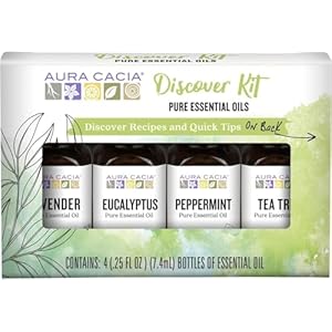 Aura Cacia Discover Essential Oils Kit, 4-Pack, Lavender, Eucalyptus, Peppermint & Tea Tree Oils, Excellent Starter Set