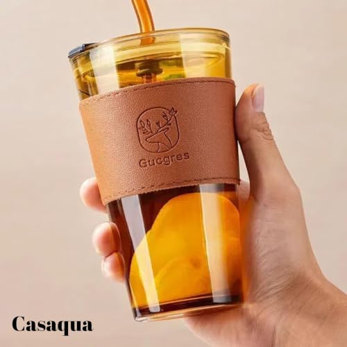 Image of Glass Tumbler with Lid & Straw - 450ml, Set of 1, Iced Coffee Cup, Clear Drinking Glass with Silicone Grip Sleeve, Leak-Resistant Lid, Travel Tumbler for Coffee, Tea, Smoothies & Office Use