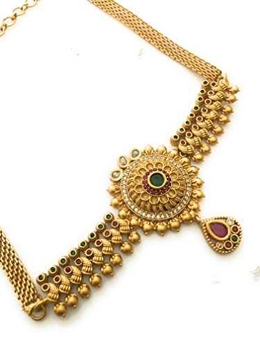 Image of Sasitrends Temple Wear Gold Plated AD Studded Choker Necklace With Earring Jewellery Set For Women & Girls