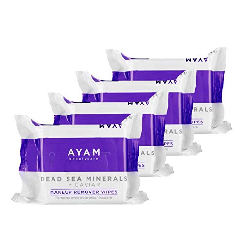 Caviar Infused Makeup Remover Wipes 4 Pack, Cleansing Towelettes, AYAM Beautycare Dead Sea Minerals + Caviar Extract, Removes Makeup, Oil and Dirt, Fights Fine Lines and Wrinkles, 25 Count each