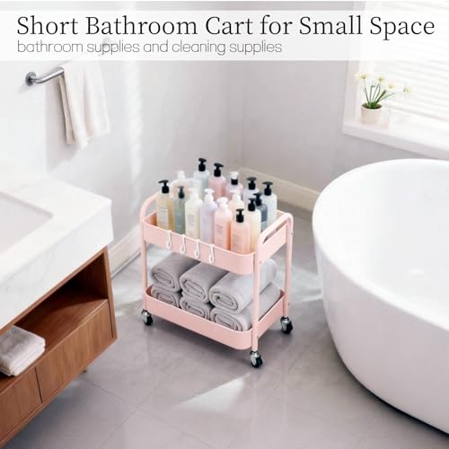 Image of Pink 2 Tier Rolling Cart Metal with Wheels Under Desk Storage Cart for Small Space Organization, Small Trolley for Pantry Room Laundry Bathroom Kitchen Office Art Snack Baby Supplies
