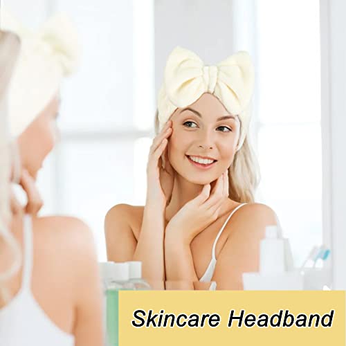 Shintop Spa Headband Soft Carol Fleece Makeup Headband with Cute Bow Elastic Hairand for Washing Face Skincare Facial Mask Bath Gift（Creamy White） - Thumbnail 6