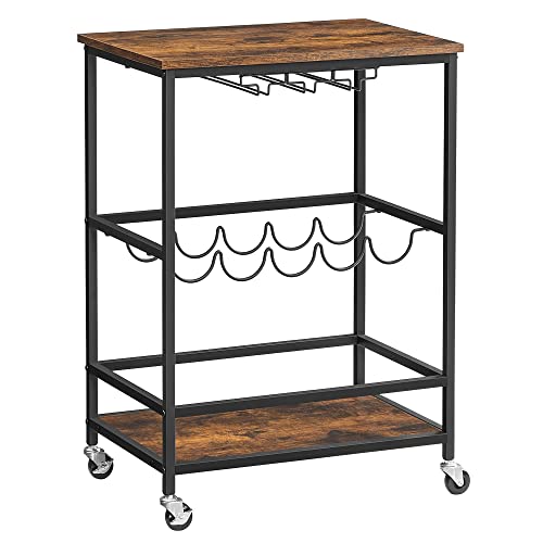 Preisvergleich Produktbild VASAGLE Servierwagen, Barwagen, Weinregal auf Rollen, Küchenwagen, Weinglashalter, Flaschenhalter, 40 x 60 x 82 cm, Industrie-Design, vintagebraun-schwarz LRC087B01