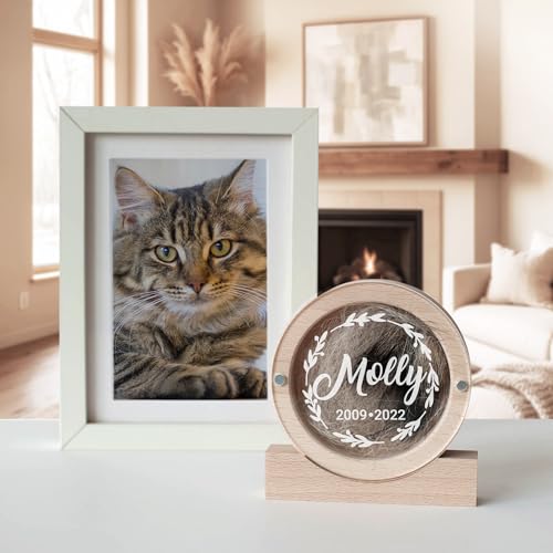 Image of Personalized Pet Hair Keepsake Box for Dog and Cat Fur - Engraved Wood Memorial Box - Unique Customized Gift for Loss of Furry Friend Wooden (Light Round Wood /Acrylic Lid)