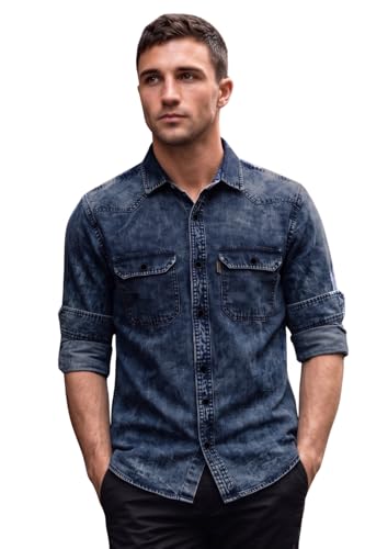 Image of Louis Philippe Men's Slim Fit Classic Denim Wash Stylized Fashion Full Sleeve Casual Shirt