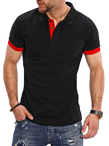 Rello & Reese Herren Poloshirt Kontrast Kurzarm T-Shirt Polo R-1402 [Schwarz/Rot, XL] Cover