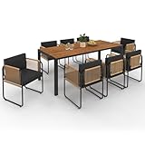 IDMarket - Salon de Jardin Rio Table 190 CM et 8 chaises Structure métal Noir, Cordage Effet rotin Clair et Coussins Noirs