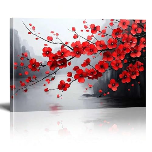 Fleur de prunier rouge sur toile : solution déco pour habiller un grand mur vide de salon