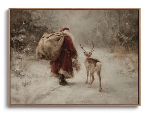 Image of Framed Vintage Christmas Santa Deer Canvas Wall Art 8x10in | Snowy Forest Wall Decor Prints Rustic Cottage Pictures Modern Farmhouse Artwork for Bedroom Living Room
