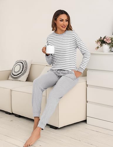 Bresdk Pyjama Damen Lang Baumwolle Frauen Nachtwäsche Baumwolle Schlafanzug mit Bündchen Grau XS 3
