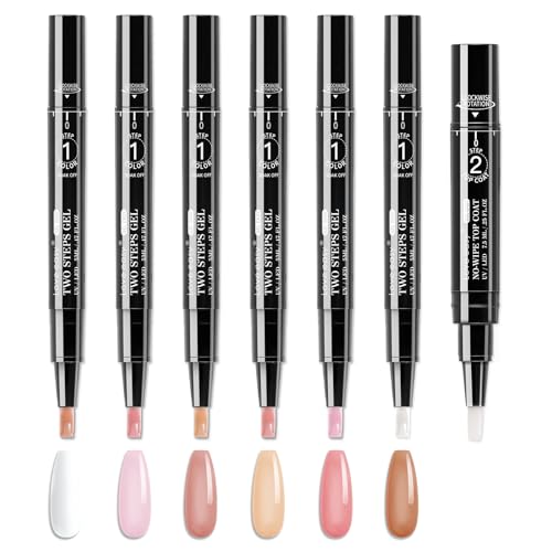 Love easy 2 Step Nail Polish Pens Set, 6 Pcs Nude Natural Color Builder Base 1 Piece Top Coat Fingernail Toenail Gel Series for Women, Hema Free High Gloss Long Last Portable Ideal Gift (U V Needed)
