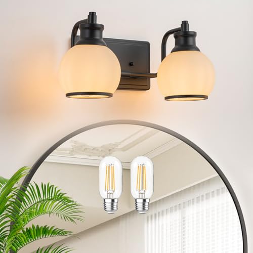 Image of 2 Light Modern Bathroom Light Fixtures Over Mirror (LED Bulbs Included), Black Vanity Lights for Bathroom Wall Sconces with Milky White Globe Glass Shades