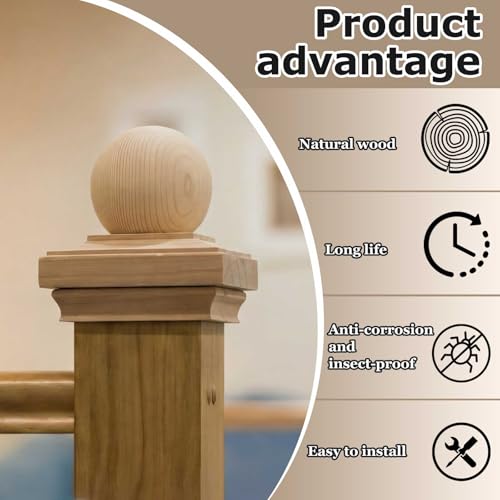 Image of Hosuly 1 Pcs 4x4 Inch (Actual 3 x 5 /8) Wood Post Caps with Ball Finial Decorative, Cedar Newel Wooden Post Caps Classic Style for Outdoor Fences, Decks, Mailboxes, Garden
