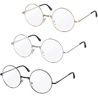 3 gafas redondas, estilo retro, sin graduación, montura de metal, montura de gafas, lentes transparentes, vintage, decoración, unisex, de los años 90 y 80, color negro, dorado y plateado