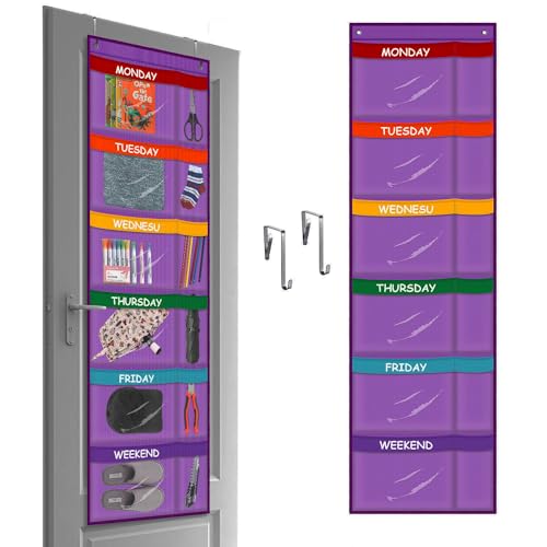 ABCKEY Weekly Kids Clothes Organizer, Monday-Friday Clothes Organizer Kids, 6-Shelf Hanging Closet Storage, Purple