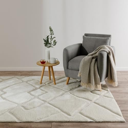 benuta Basic Teppich Elvy - Creme 140x200 cm - Abstrakter weicher Relief Wohnzimmerteppich - Leicht zu Reinigen - Strapazierfähig - Für Fußbodenheizung Geeignet
