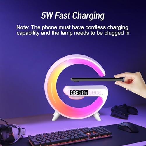 Les-Theresa G Light Wireless Charger Wireless Speaker Charger Light with Bluetooth Speaker Bedside Lamp G Atmosphere Lamp with Alarm Clock for Adults Gifts (White) - Image 4