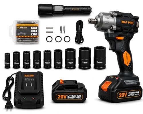 Image of Maf Pro CIWLI40010K Cordless Impact Wrench 400Nm, 20V Brushless, 1 /2 Inch Drive, Dual 4.0Ah Battery, Variable Speed, Car Tyre Removal, Wheel Nut and Bolt Tightening Tool, 6 Months Warranty