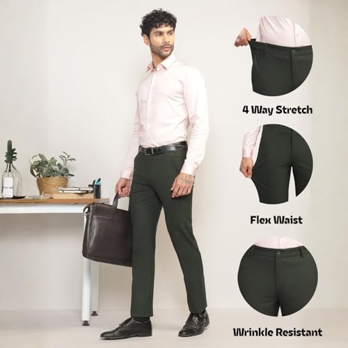 Image of SUBTRACT Men 4 Way Stretch Wrinkle Free Slim Fit Formal Trouser in with 2 Inch Flexible Waistband | Men's Trousers for Office Or Party