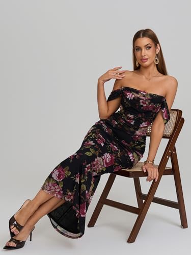 Image of KUTUMAI Off The Shoulder Maxi Long Dress Corset Ruched Bodycon Cocktail Formal Wedding Guest Dresses for Women