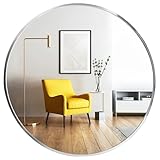 Oruii Silver Round Mirror, Silver Round Mirror 24 inch, Circle Bathroom Mirrors Metal Frame, Nickel Circle Mirrors for Wall, Over Sink, Bathroom, Living Room, Vanity, (Chrome)