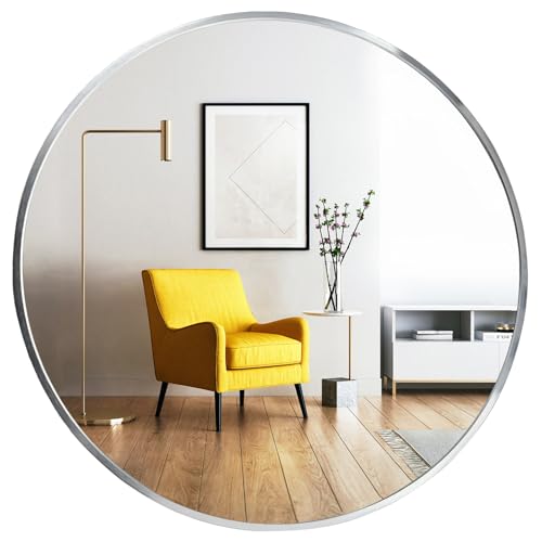 Image of Oruii Silver Round Mirror, Round Mirror 24 inch Brushed Nickel, Circle Wall Mirrors Metal Frame, Silver Circular Mirrors for Bathroom, Wall, Living Room, Entryway, Hallway, Vanity, Rustic