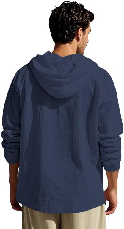 Men's Linen Hoodie Lightweight Hawaiian Shirt Casual Beach Shirt with Pockets - Image 5